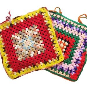 Vintage 70s Crochet Pillow Covers Set of 2 15x15 - Hand Knit Colorful Square
